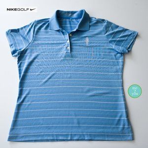 NIKE Blue and White Women's Short Sleeve Dri-Fit Striped Polo Shirt - Size Large
